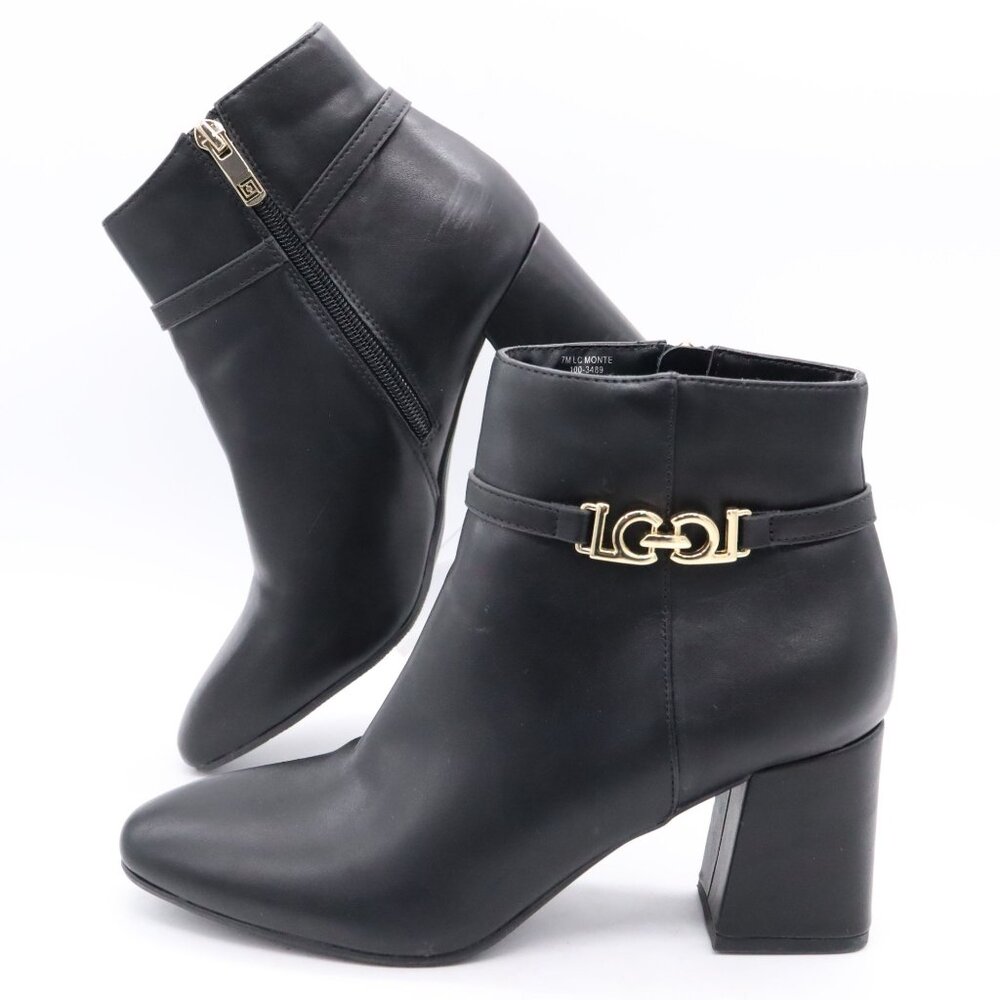 Liz Claiborne Monte Black Ankle Boots Block Heel‎ Size 7 M Gold Buckle Accent